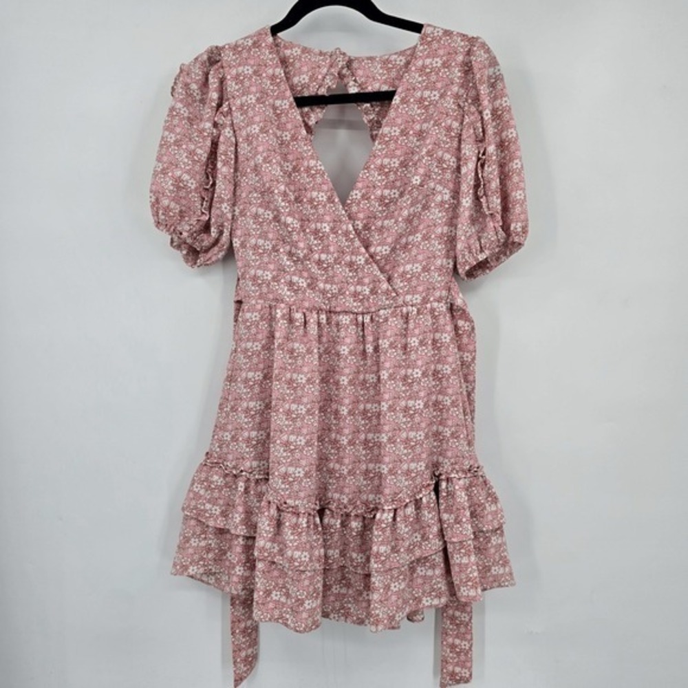 B. Darlin Pink Floral Print Ruffle Mini Dress Short Sleeve Back Cutout Summer